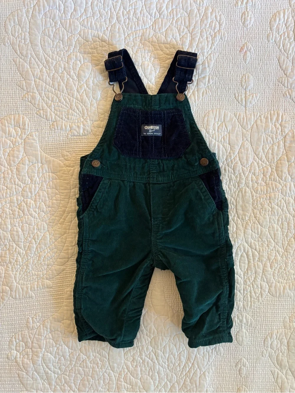 OshKosh B'gosh Dark Green Corduroy Overalls with Navy Trim